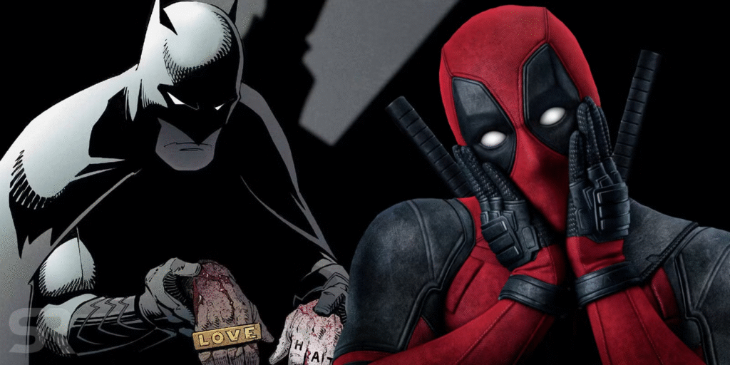 "Fan concept of Marvel DC crossover Deadpool Batman characters"
