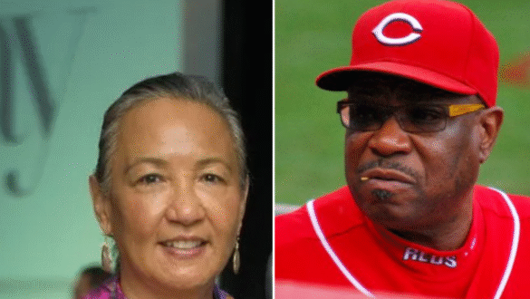 alt="Melissa Esplana and Dusty Baker at a San Francisco Giants event, highlighting their 2025 baseball connection"